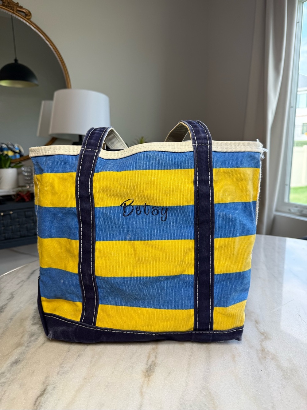 Vintage 1990s L.L.Bean Boat & Tote Medium Zip Top Blue Yellow Stripe Rare